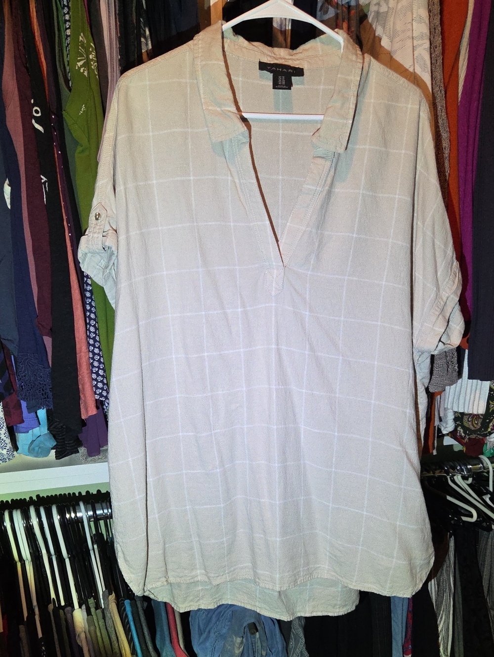Tahari Cream Windowpane V-Neck Tunic